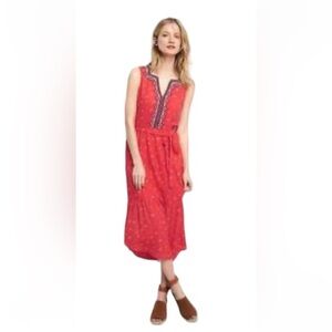 Gap Embroidered Tribal Geometric Midi Tier Red Summer Floral Dress | Size M